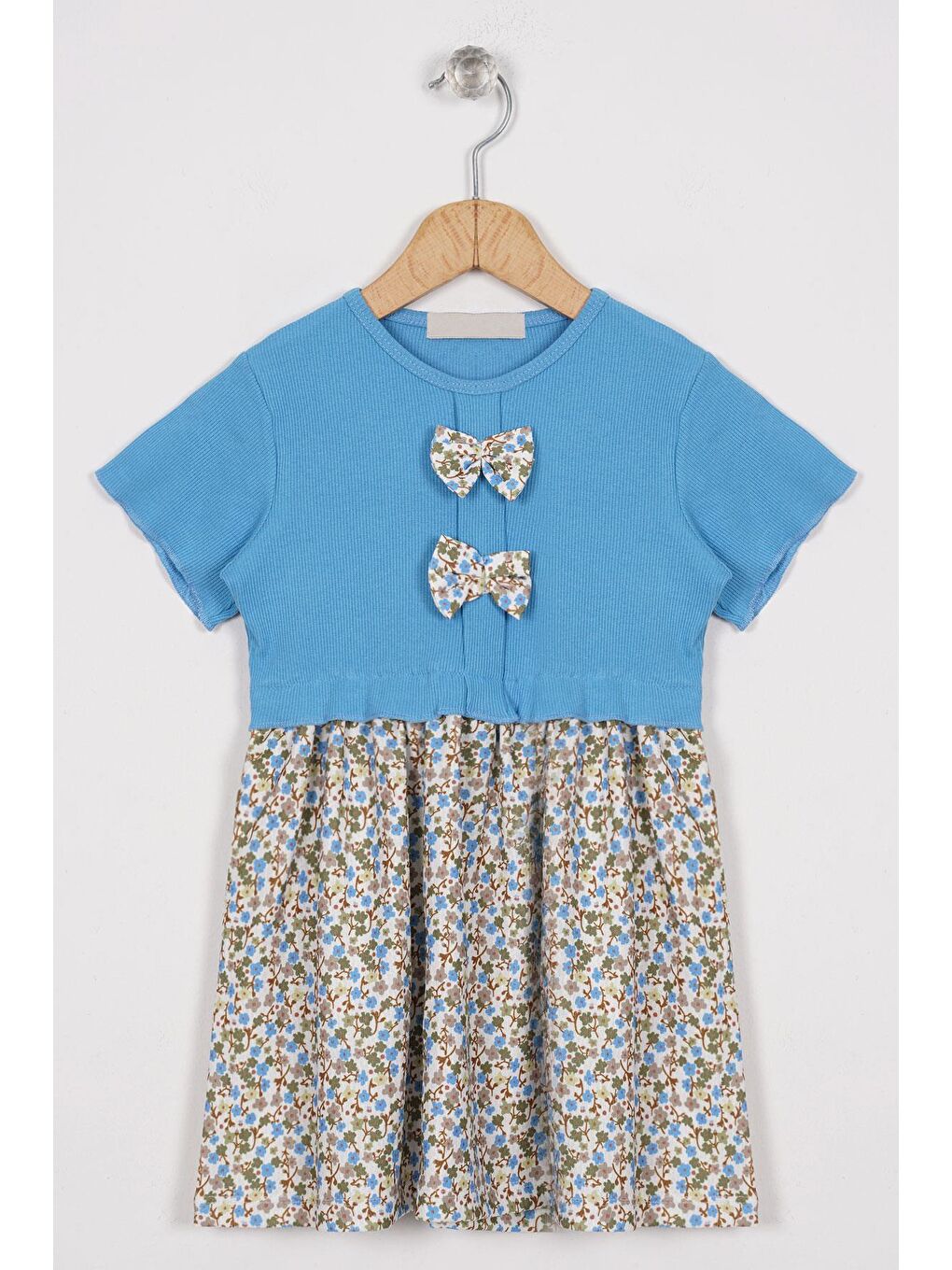 Önü Patlı Çiçek Desenli Bebek Mavisi Renk Kız Çocuk Elbise