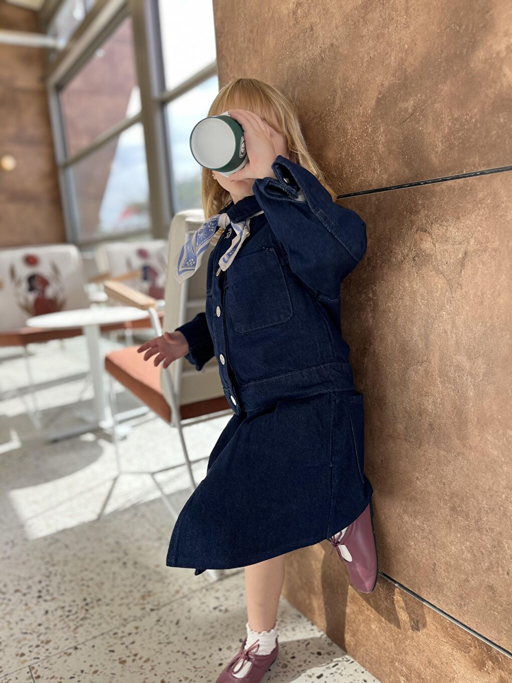 Lacivert Kız Çocuk Pamuklu Denim Ceket Ve Pileli Denim Etek Takım-1