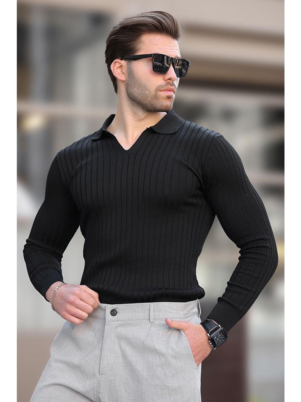 Siyah Polo Yaka Çizgili Uzun Kollu Erkek Kazak 7289-2