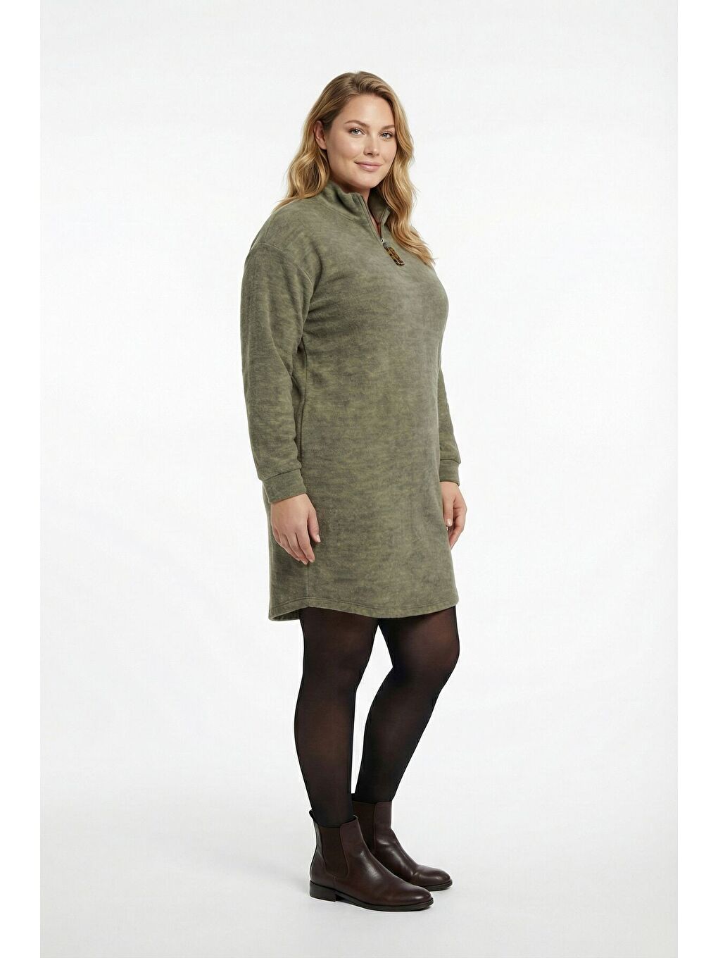 Büyük Beden Yumoş Dokulu Yeşil Midi Elbise 106-36-3