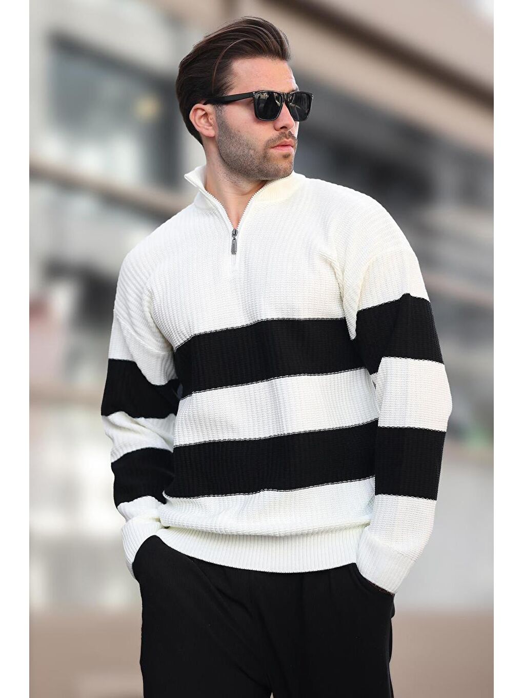 Ekru Fermuar Yaka Çizgili Erkek Kazak E7272