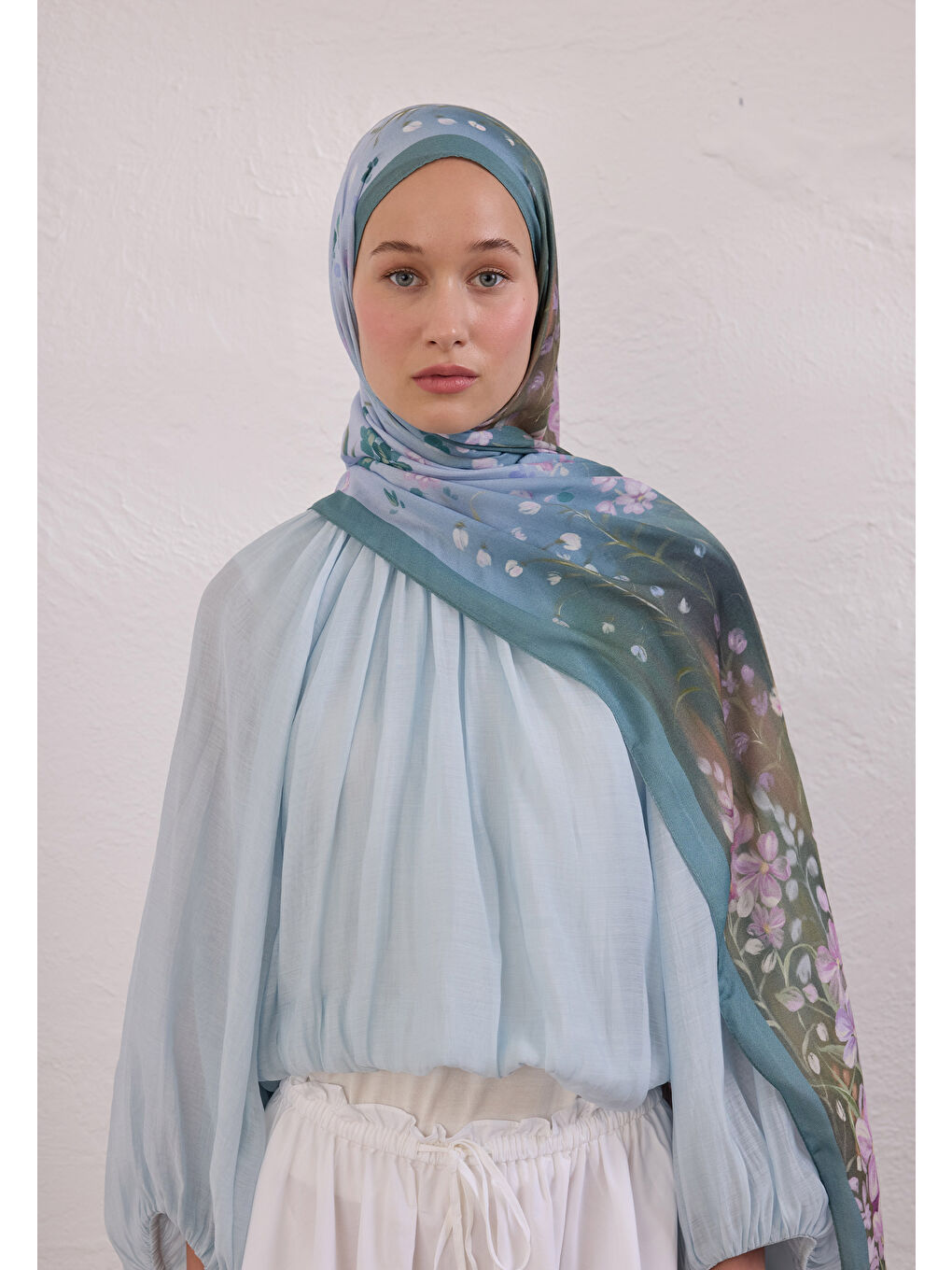 Wısterıa Desen Rami Şal Soft Mavi-3
