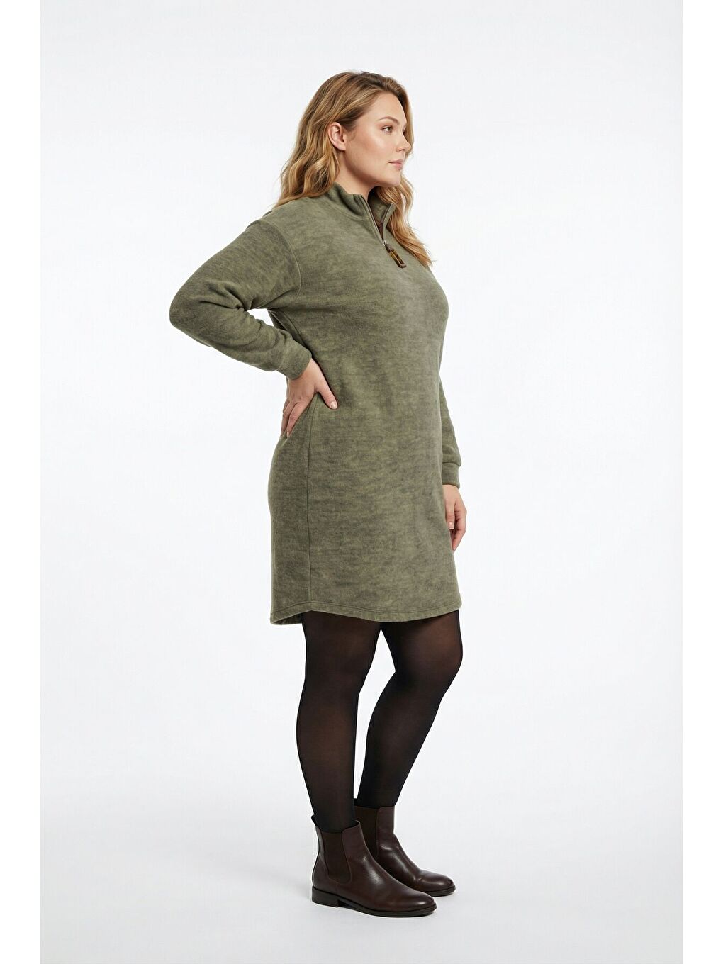 Büyük Beden Yumoş Dokulu Yeşil Midi Elbise 106-36-4