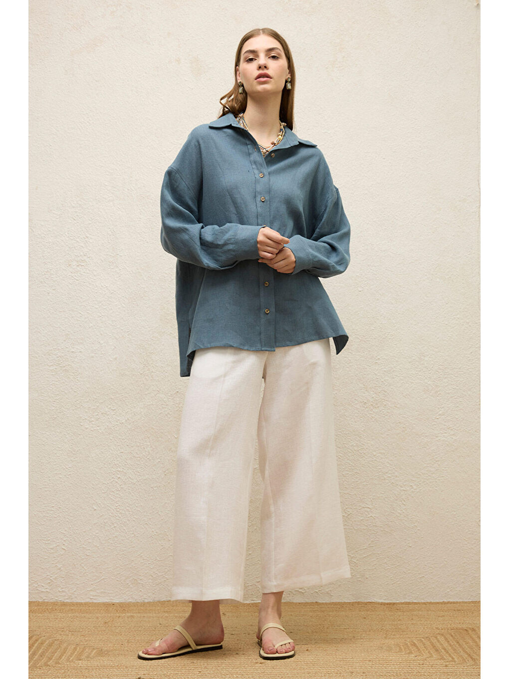 Ekru ÜTÜ İZLİ KETEN PANTOLON EKRU-3