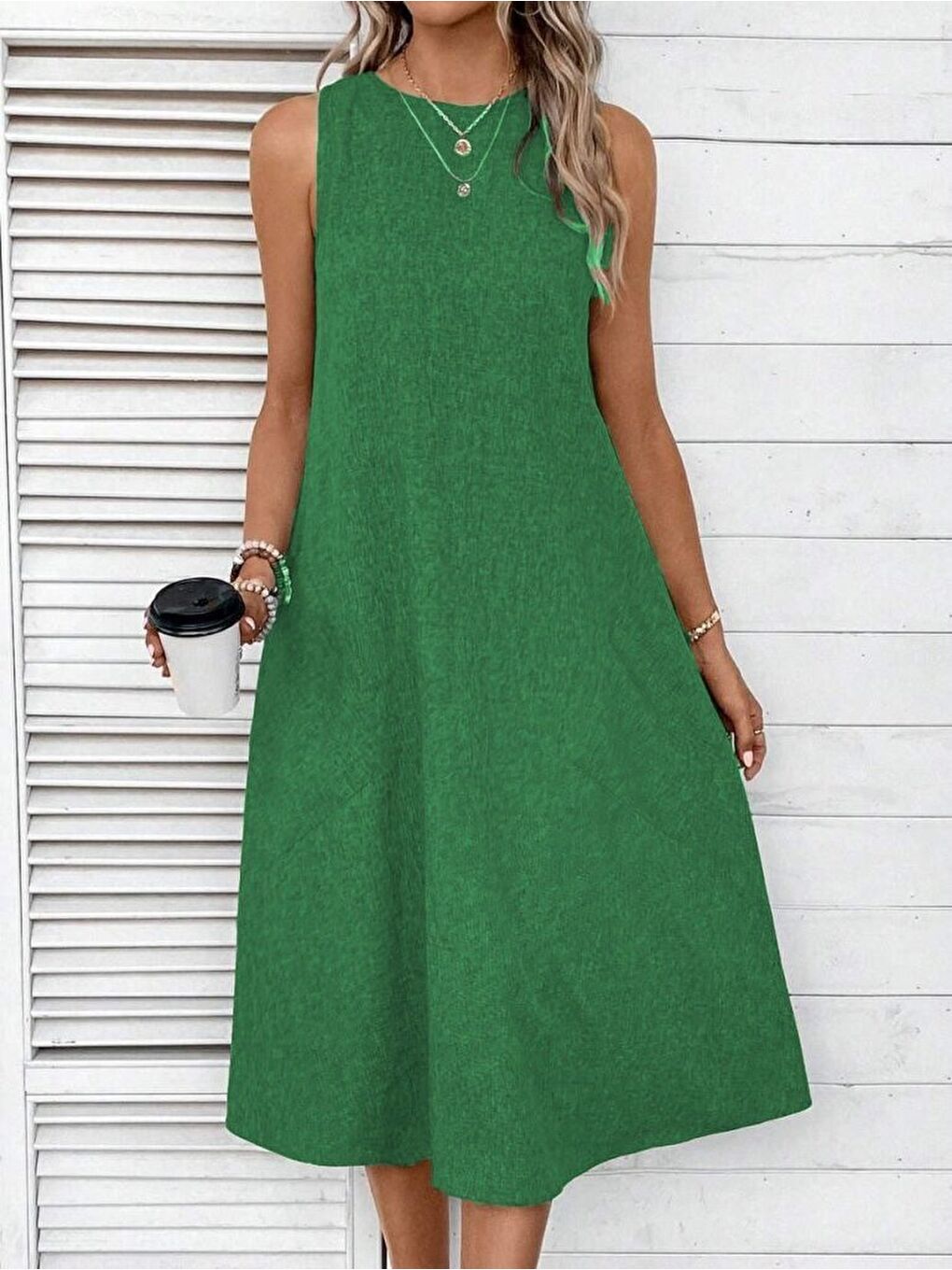 Yeşil Kadın Kolsuz Bisiklet Yaka Cepli Midi Keten Elbise-4