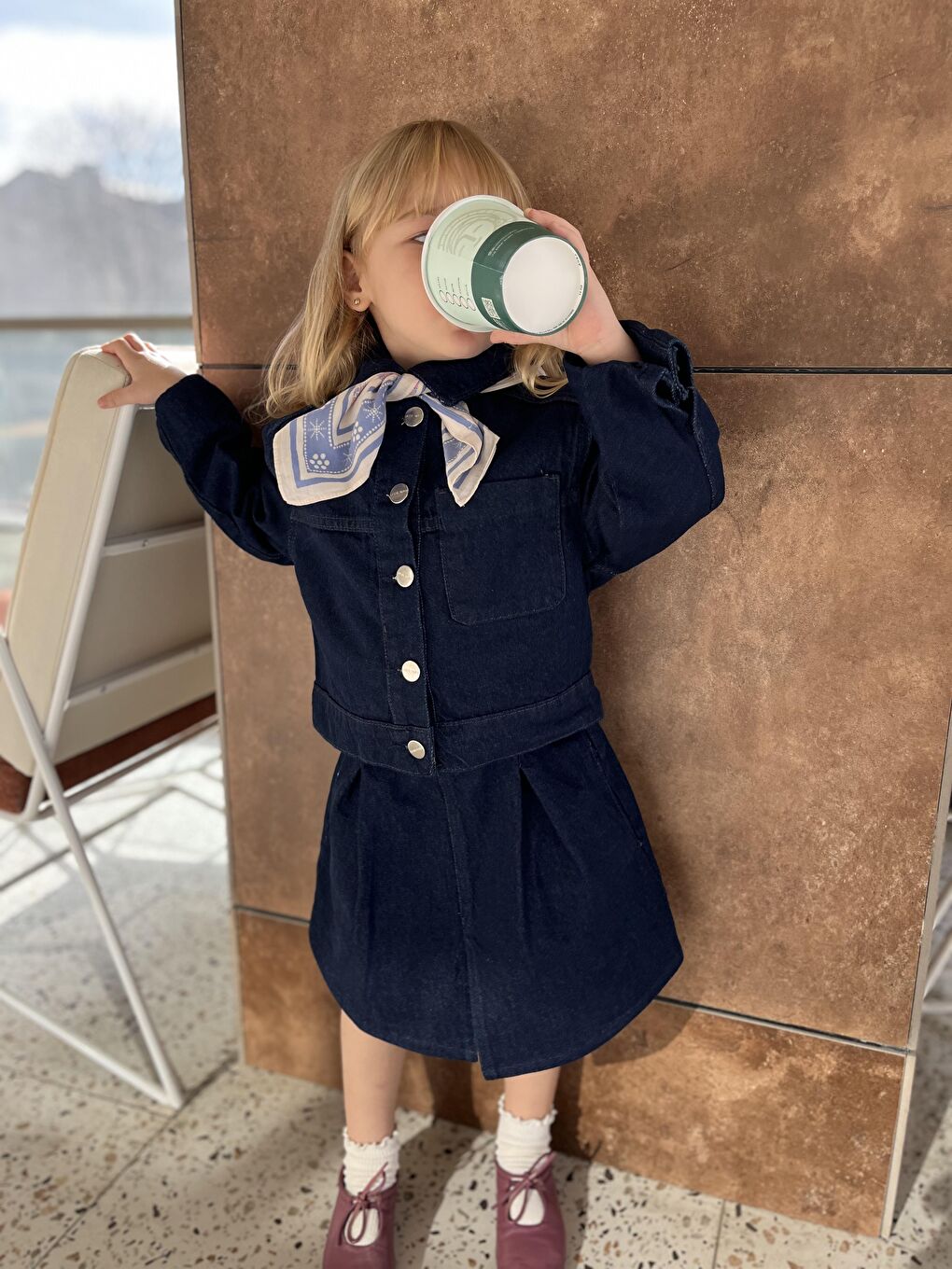 Lacivert Kız Çocuk Pamuklu Denim Ceket Ve Pileli Denim Etek Takım-2