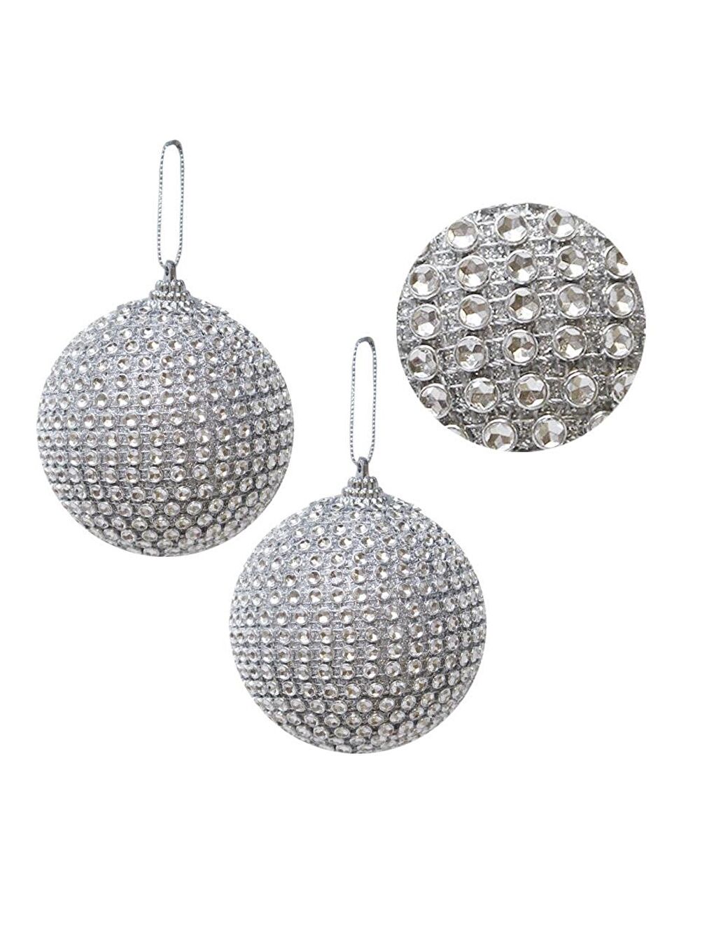 Gri Yılbaşı Topu Kristal Taş Kaplama Çam Ağacı Süsü Gümüş 10 cm 2'li-1