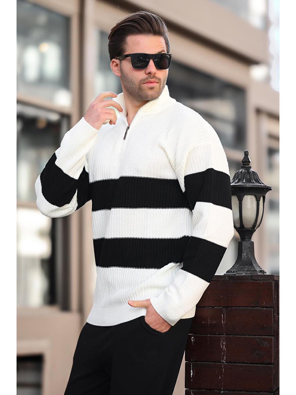 Ekru Fermuar Yaka Çizgili Erkek Kazak E7272-1