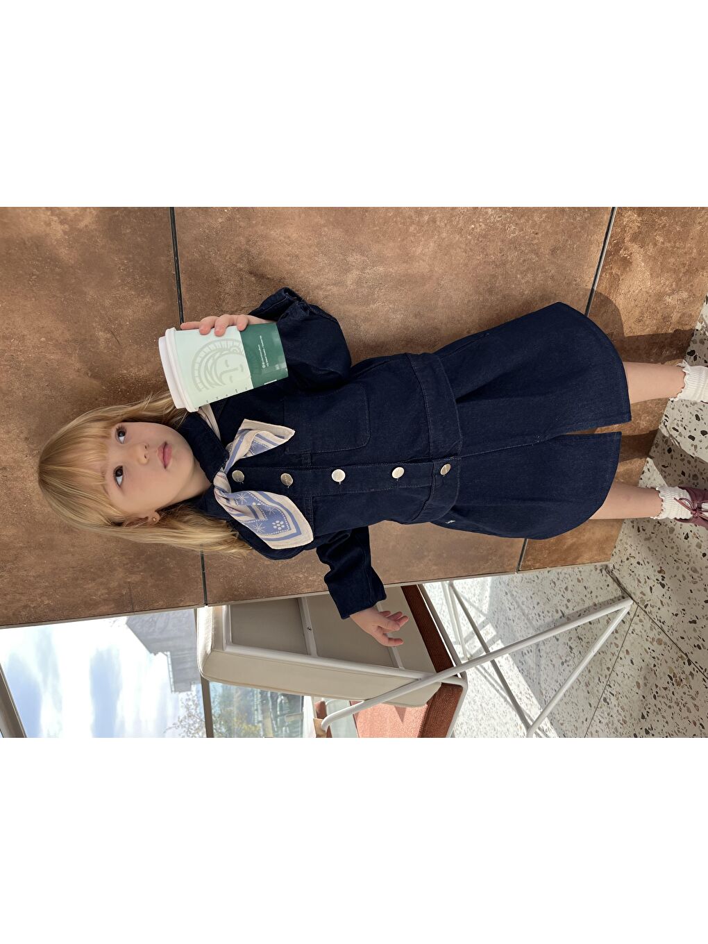 Lacivert Kız Çocuk Pamuklu Denim Ceket Ve Pileli Denim Etek Takım-3