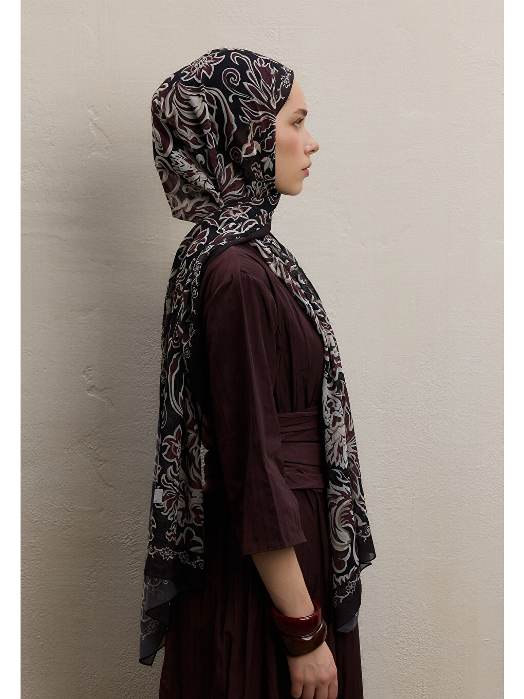 Laura Desen İpek Krep Şal Bordo-2