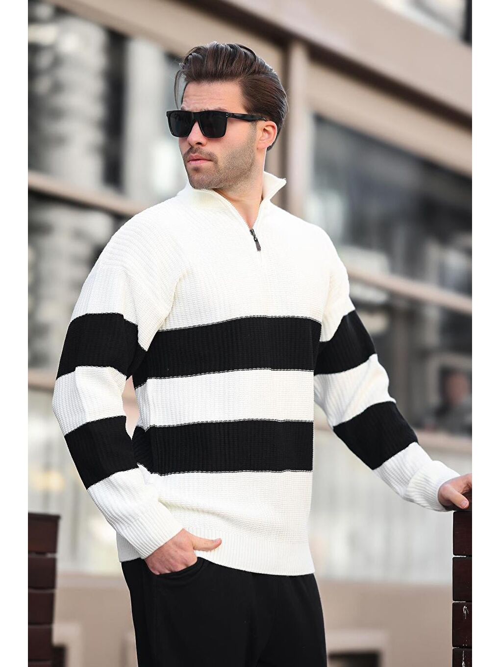 Ekru Fermuar Yaka Çizgili Erkek Kazak E7272-2