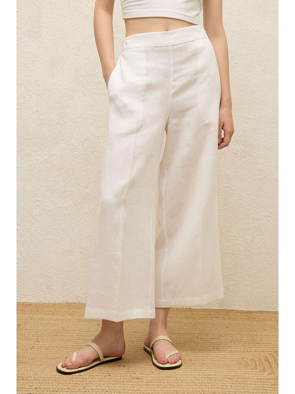 Ekru ÜTÜ İZLİ KETEN PANTOLON EKRU-5