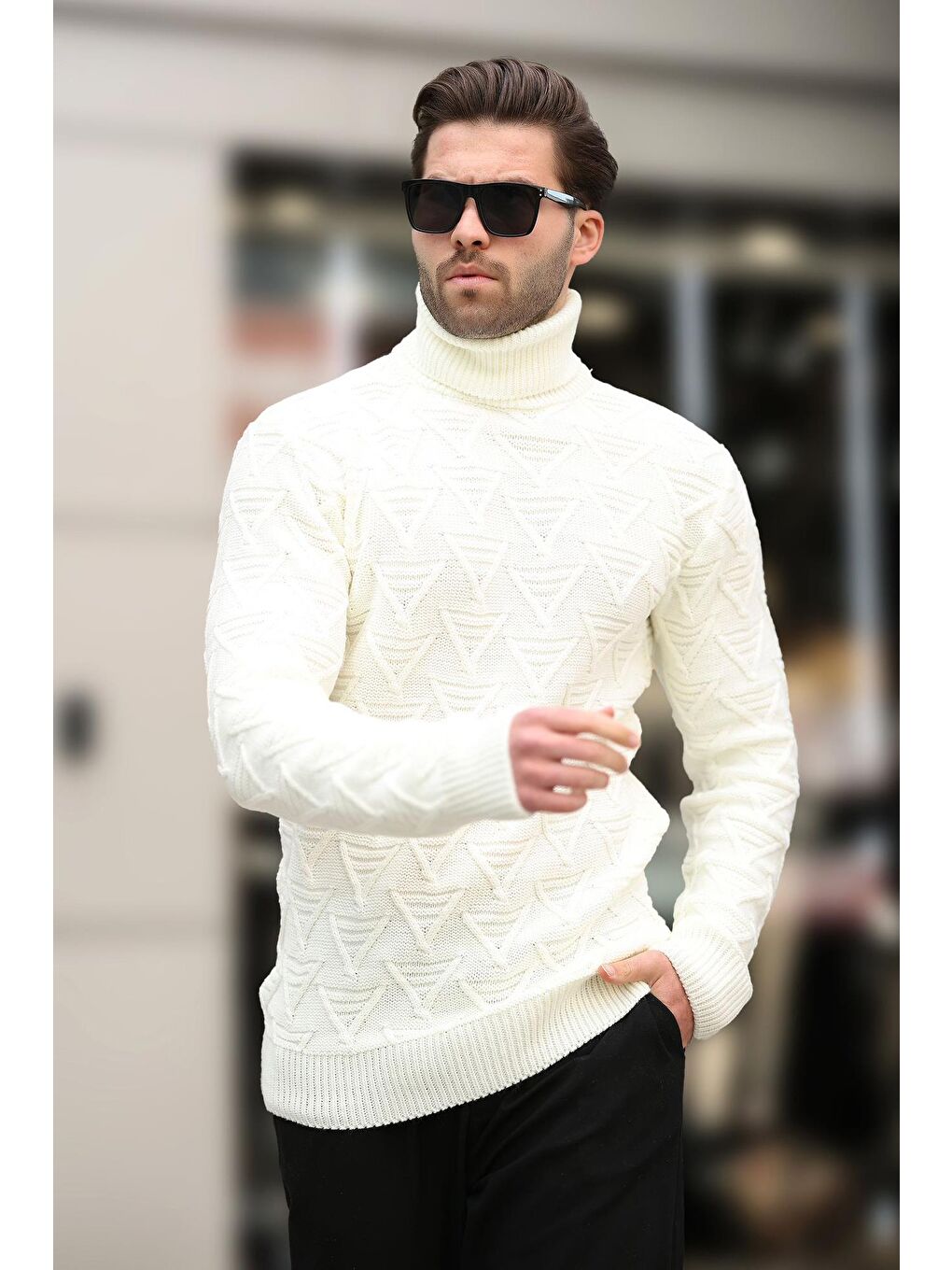 Ekru Balıkçı Yaka Desenli Erkek Kazak E7292