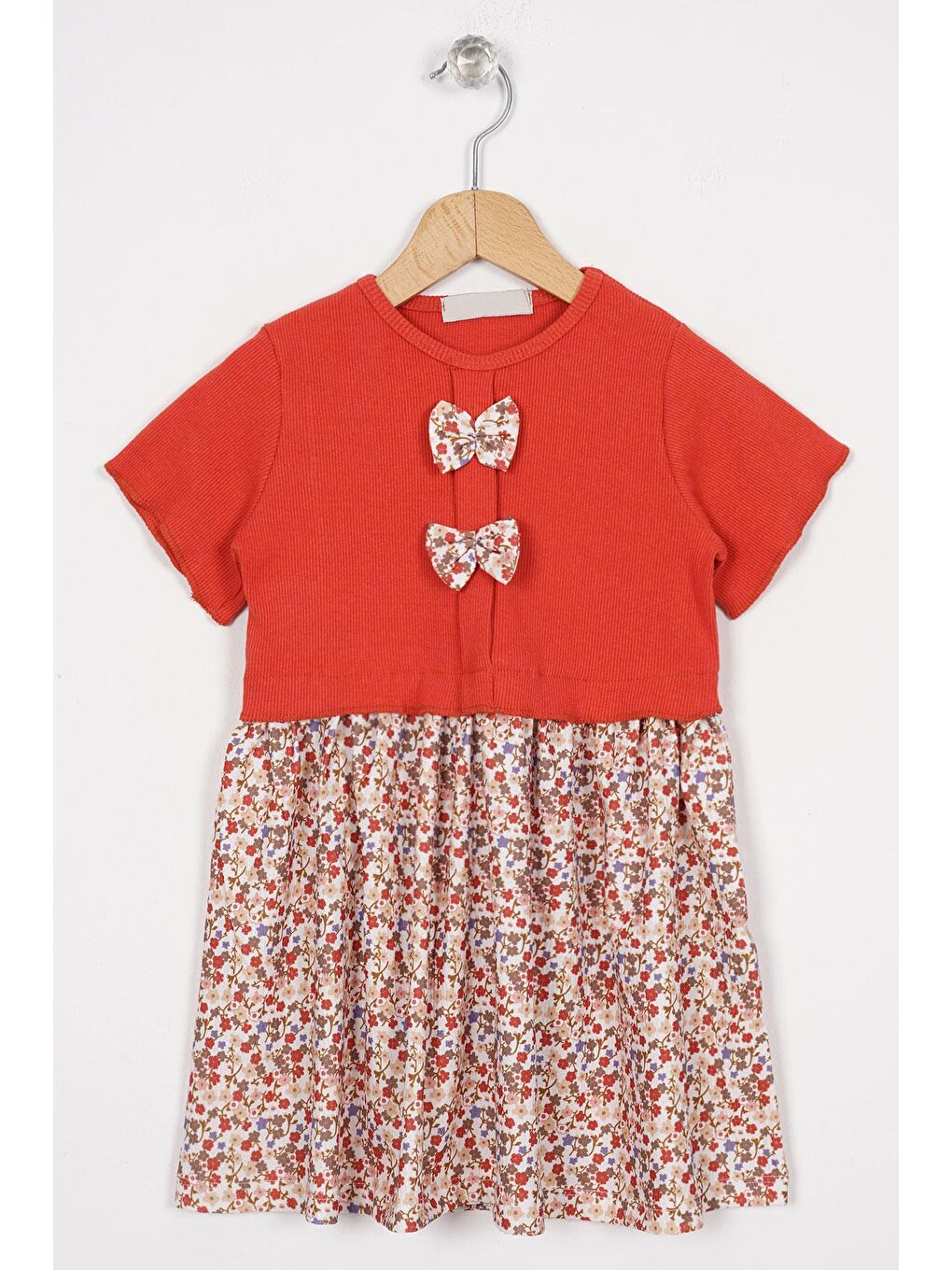 Kahverengi Önü Patlı Çiçek Desenli Kiremit Renk Kız Çocuk Elbise