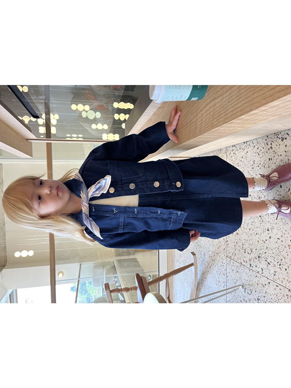 Lacivert Kız Çocuk Pamuklu Denim Ceket Ve Pileli Denim Etek Takım-6