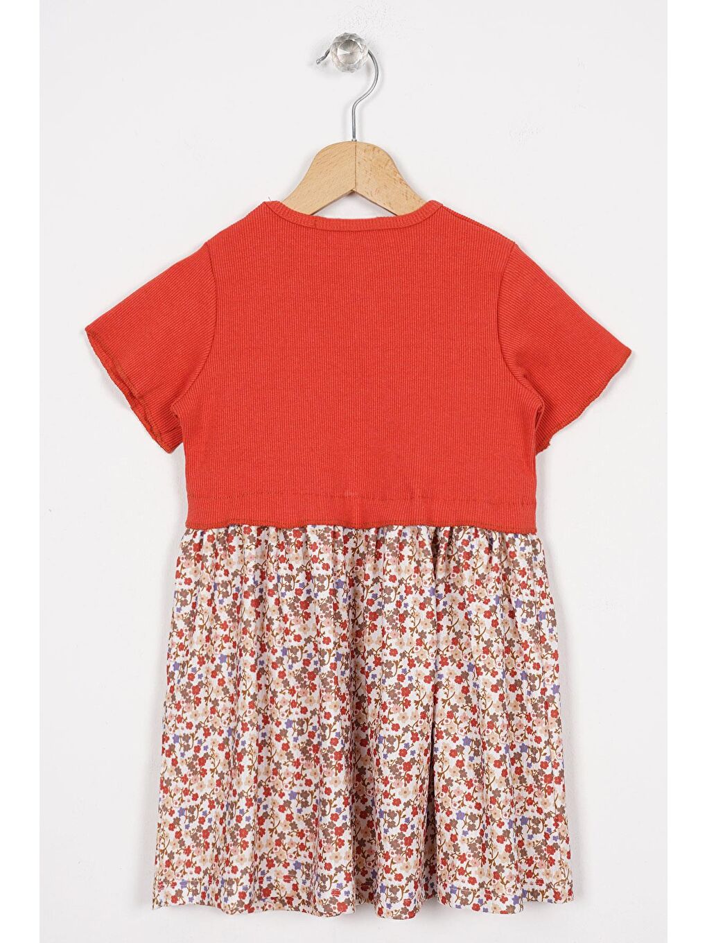 Kahverengi Önü Patlı Çiçek Desenli Kiremit Renk Kız Çocuk Elbise-2