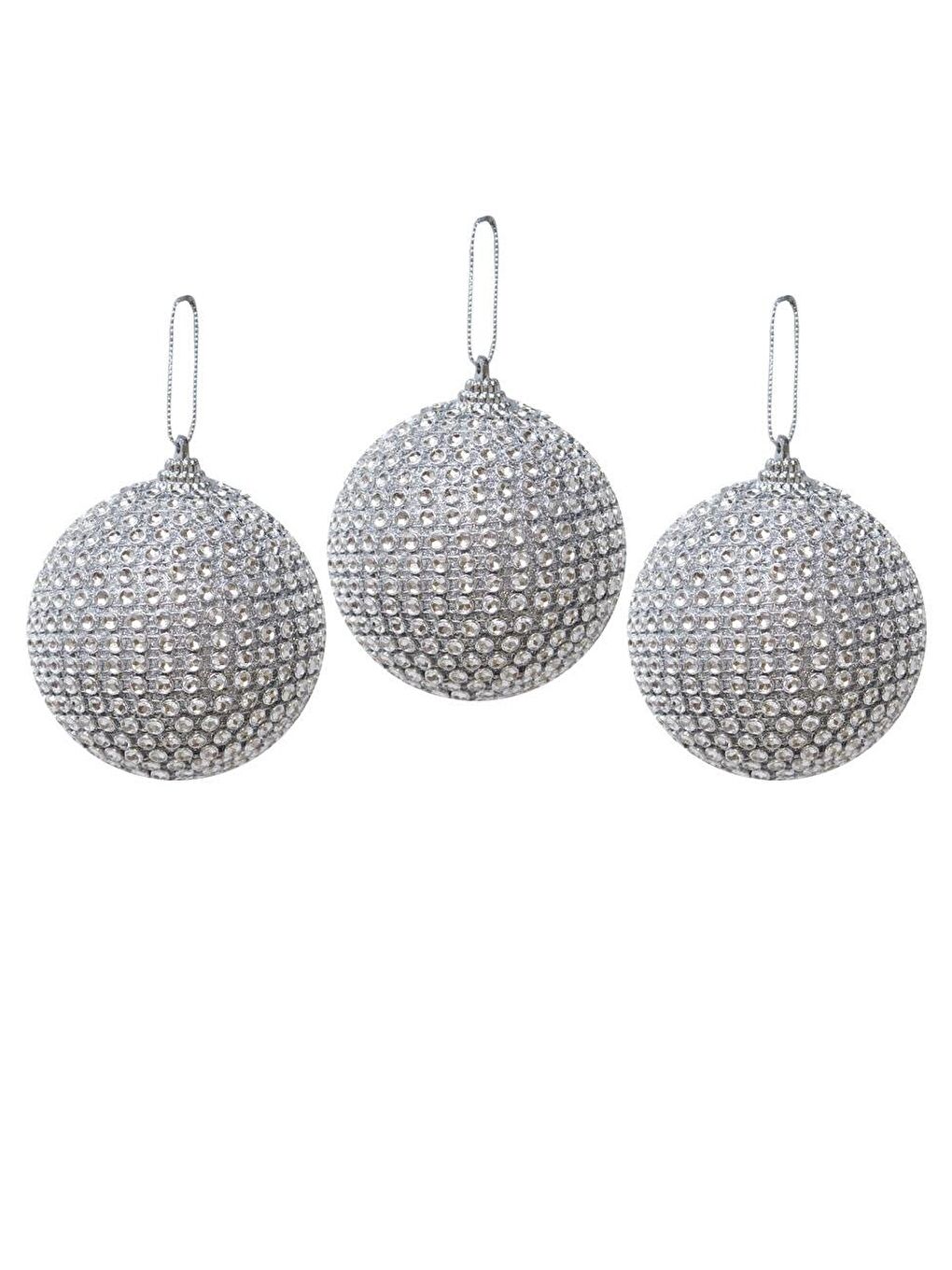 Gri Yılbaşı Topu Kristal Taş Kaplama Çam Ağacı Süsü Gümüş 8 cm 3'lü-1