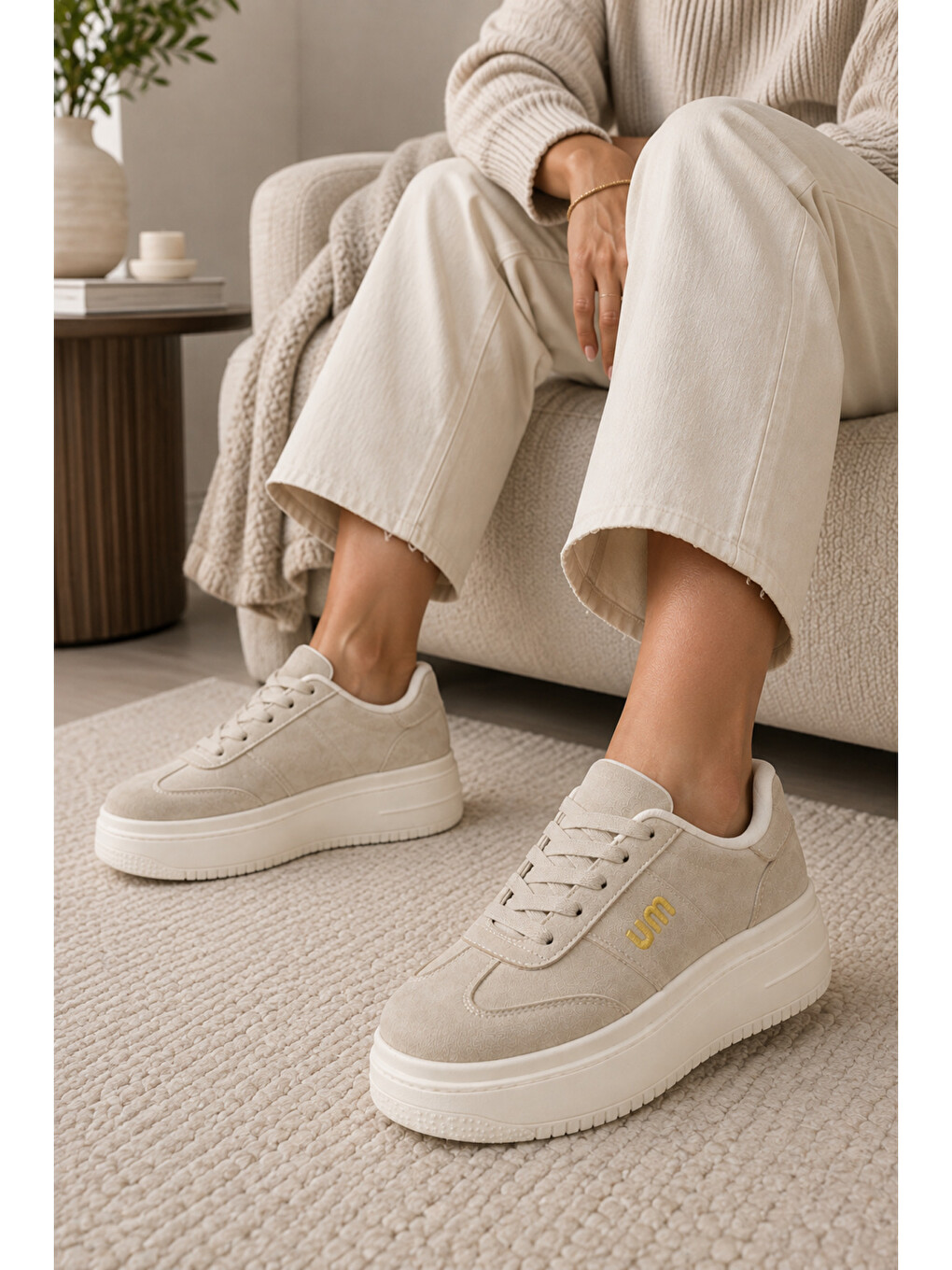 Ekru Kadın, Süet Doku, Kalın Taban, Bağcıklı, Günlük Sneaker Ayakkabı-1