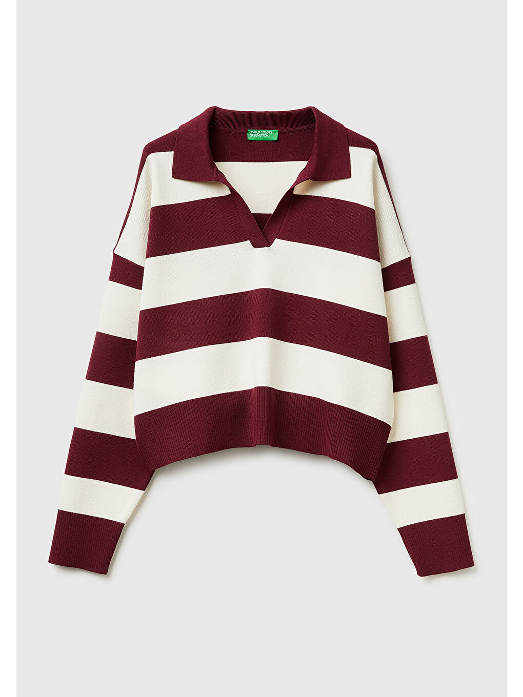 Kadın Bordo Viskoz Karışımlı Çizgili Boxy Fit Polo Yaka Kazak