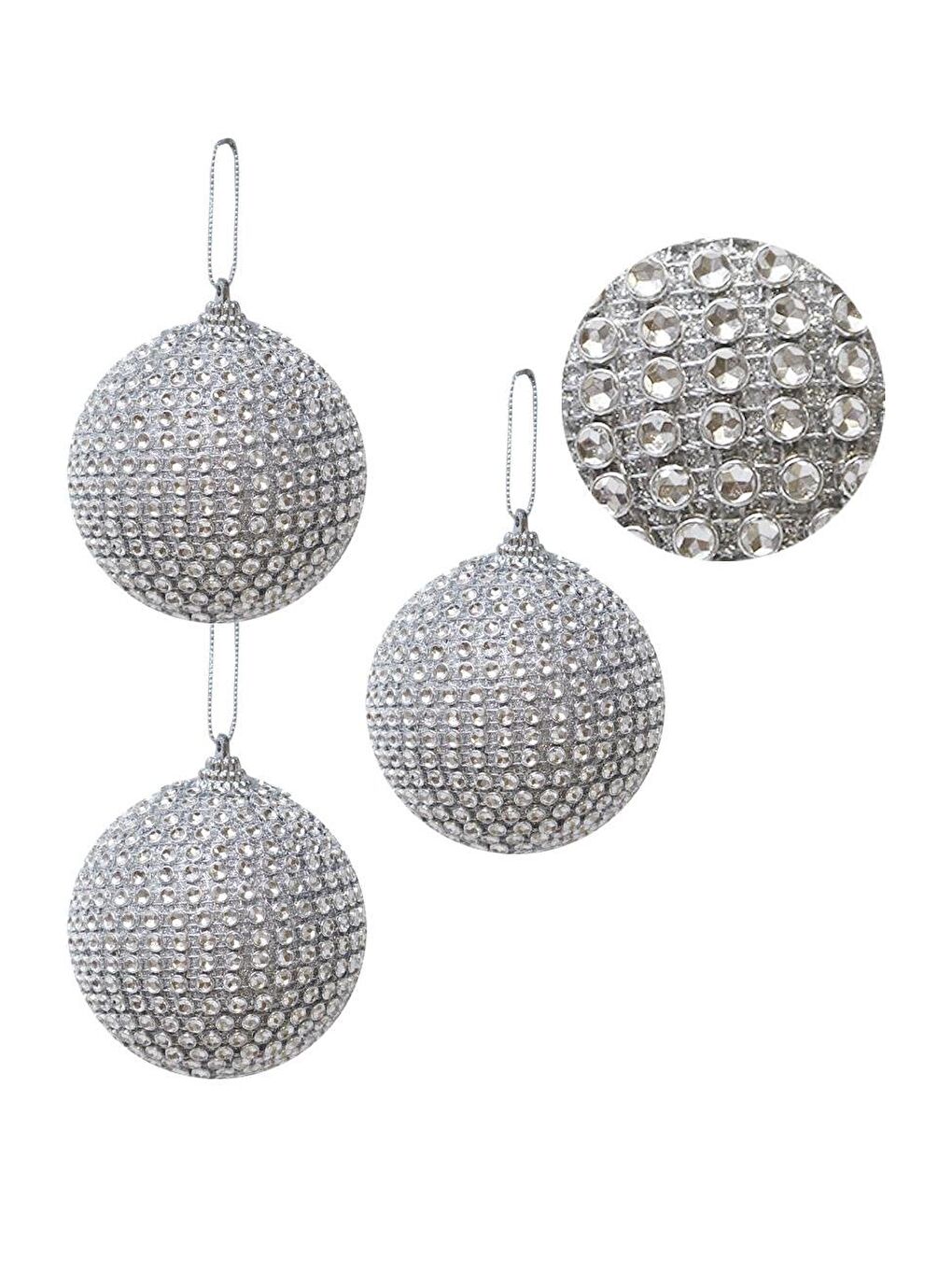 Gri Yılbaşı Topu Kristal Taş Kaplama Çam Ağacı Süsü Gümüş 8 cm 3'lü-2