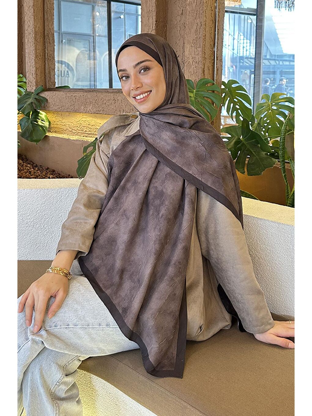 Bulut Desen Bambu Şal Acı Kahverengi