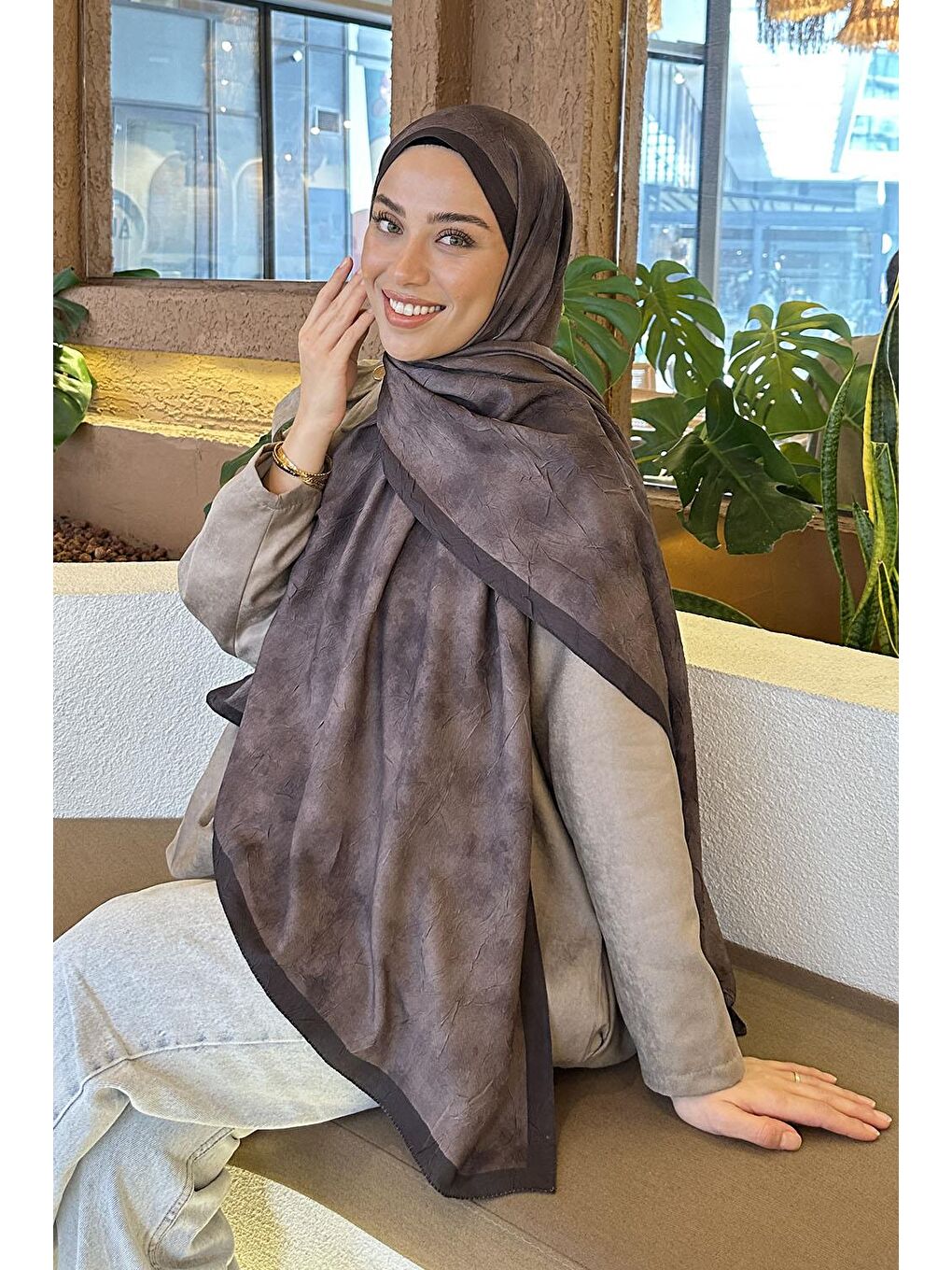 Bulut Desen Bambu Şal Acı Kahverengi-1