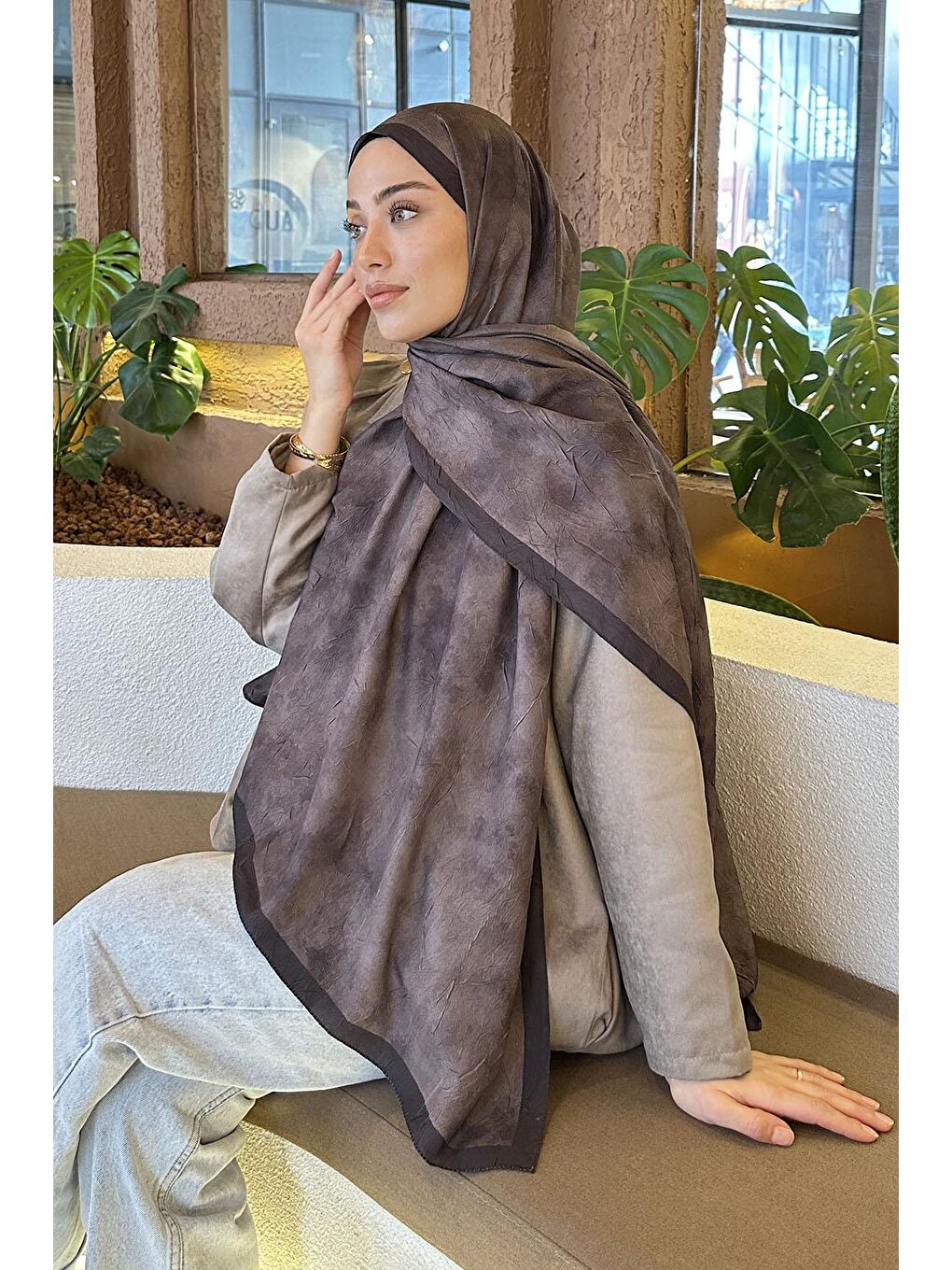 Bulut Desen Bambu Şal Acı Kahverengi-2