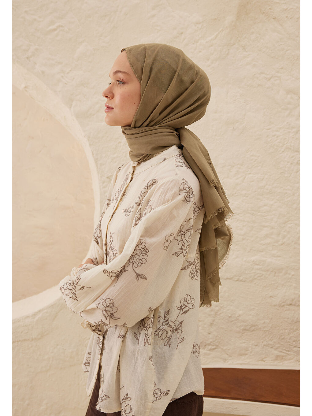 Bej İnce Pamuk Vual Şal Ceviz-3