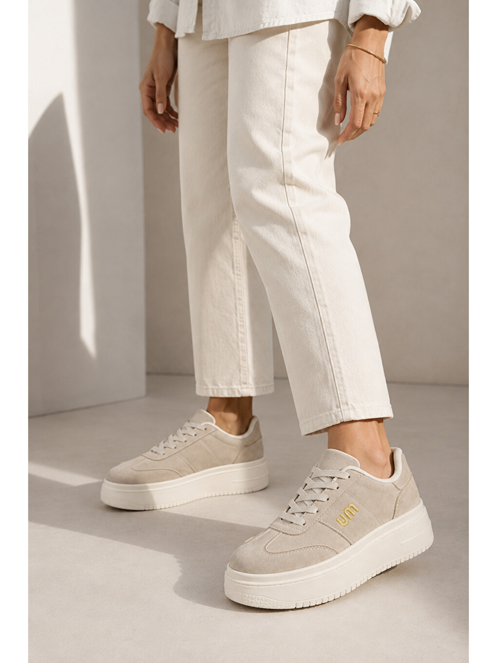 Ekru Kadın, Süet Doku, Kalın Taban, Bağcıklı, Günlük Sneaker Ayakkabı-2