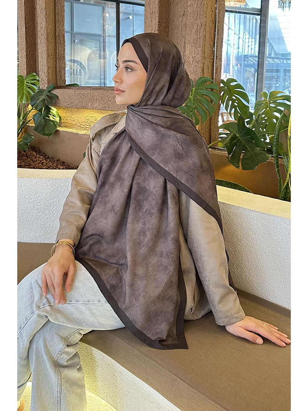 Bulut Desen Bambu Şal Acı Kahverengi-3