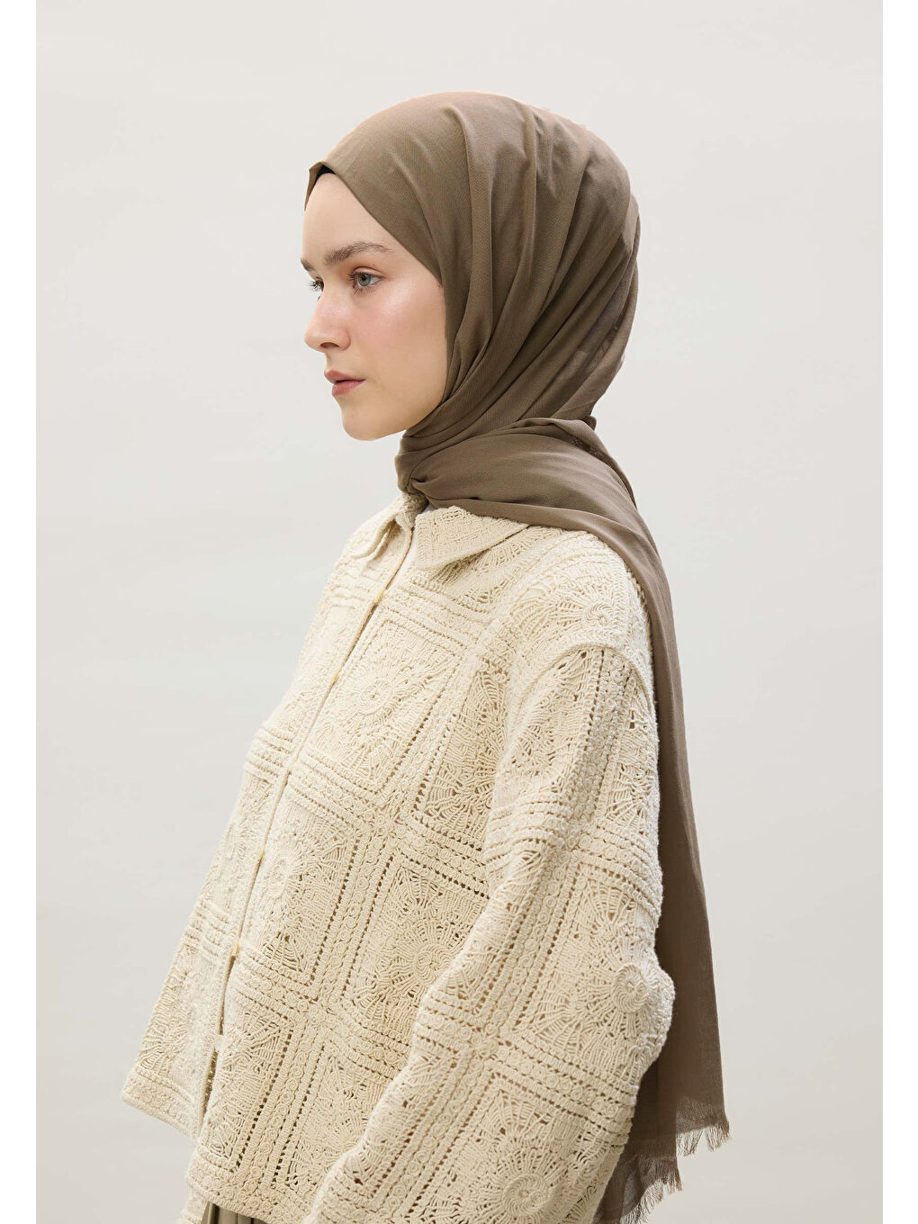 Bej İnce Pamuk Vual Şal Ceviz-4