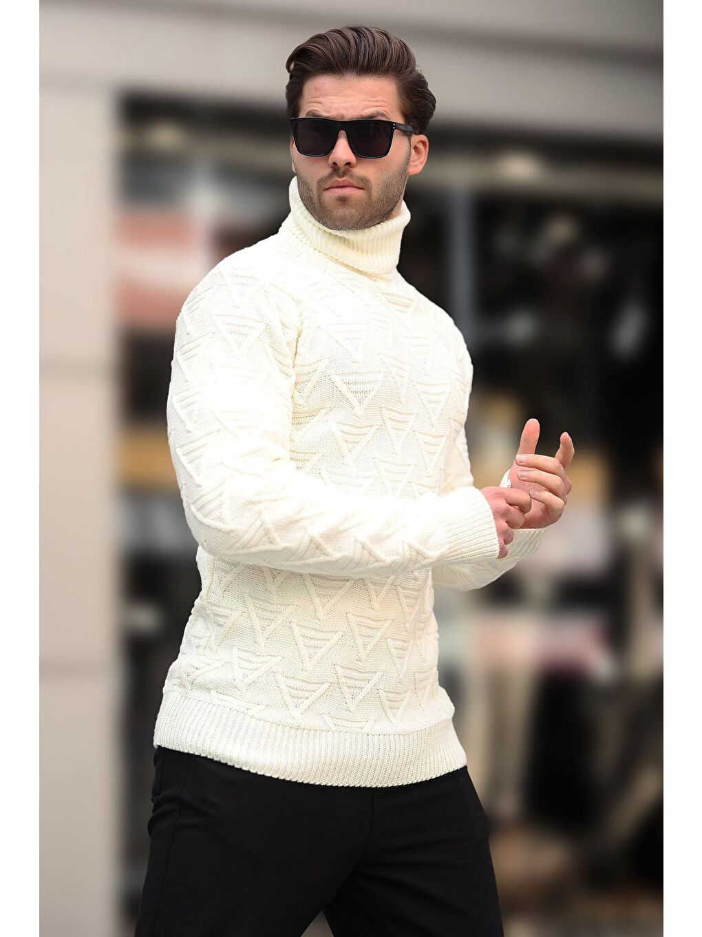 Ekru Balıkçı Yaka Desenli Erkek Kazak E7292-2