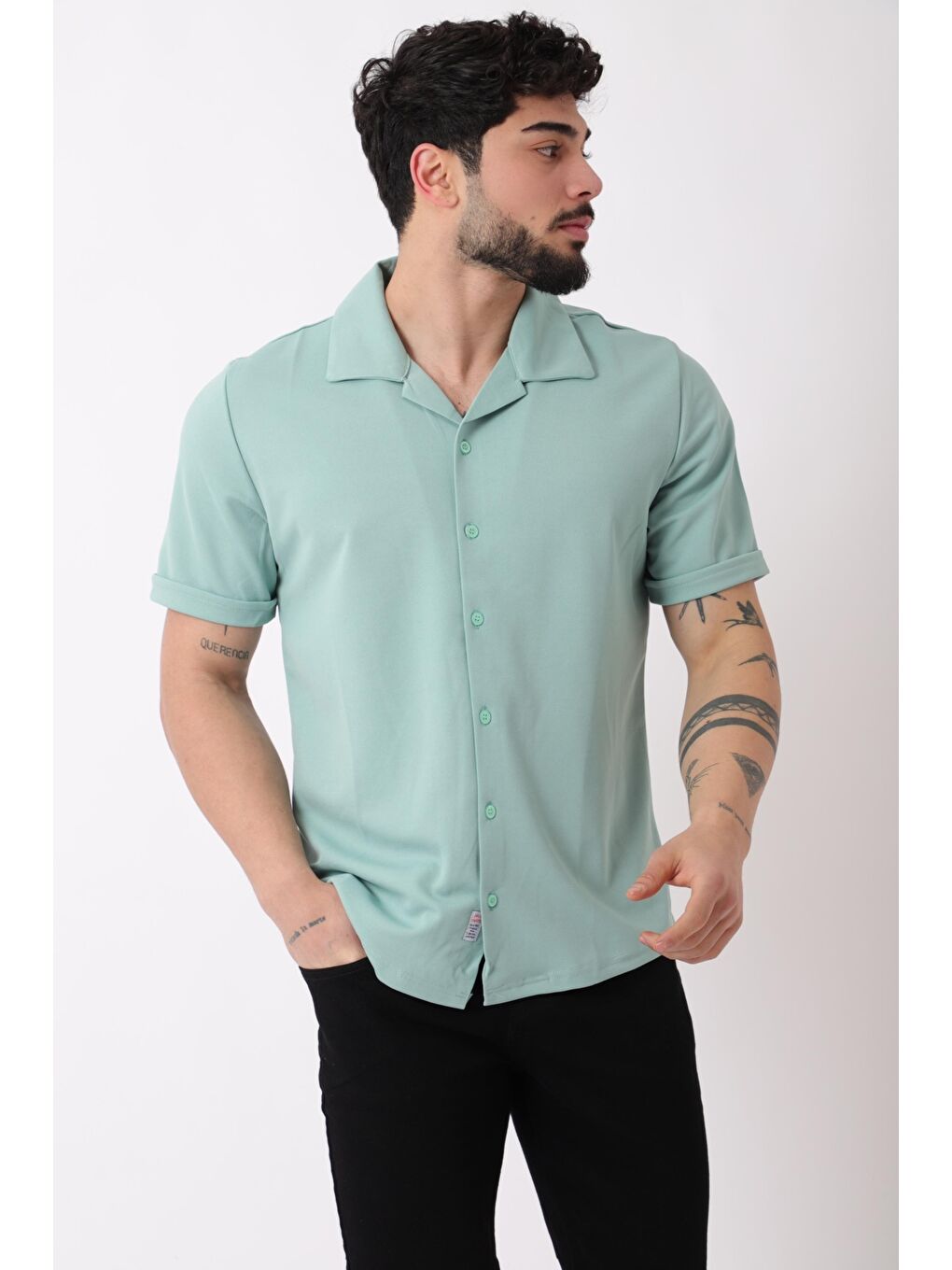 Turkuaz Apaç Yaka Kısa Kol Gömlek JS C-155_40359