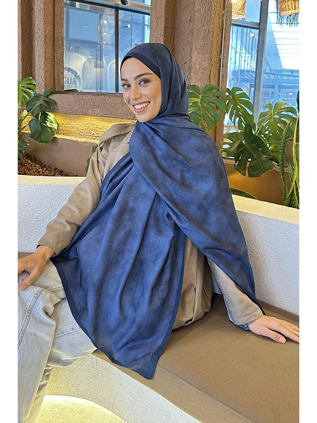 Bulut Desen Bambu Şal Gece Mavisi