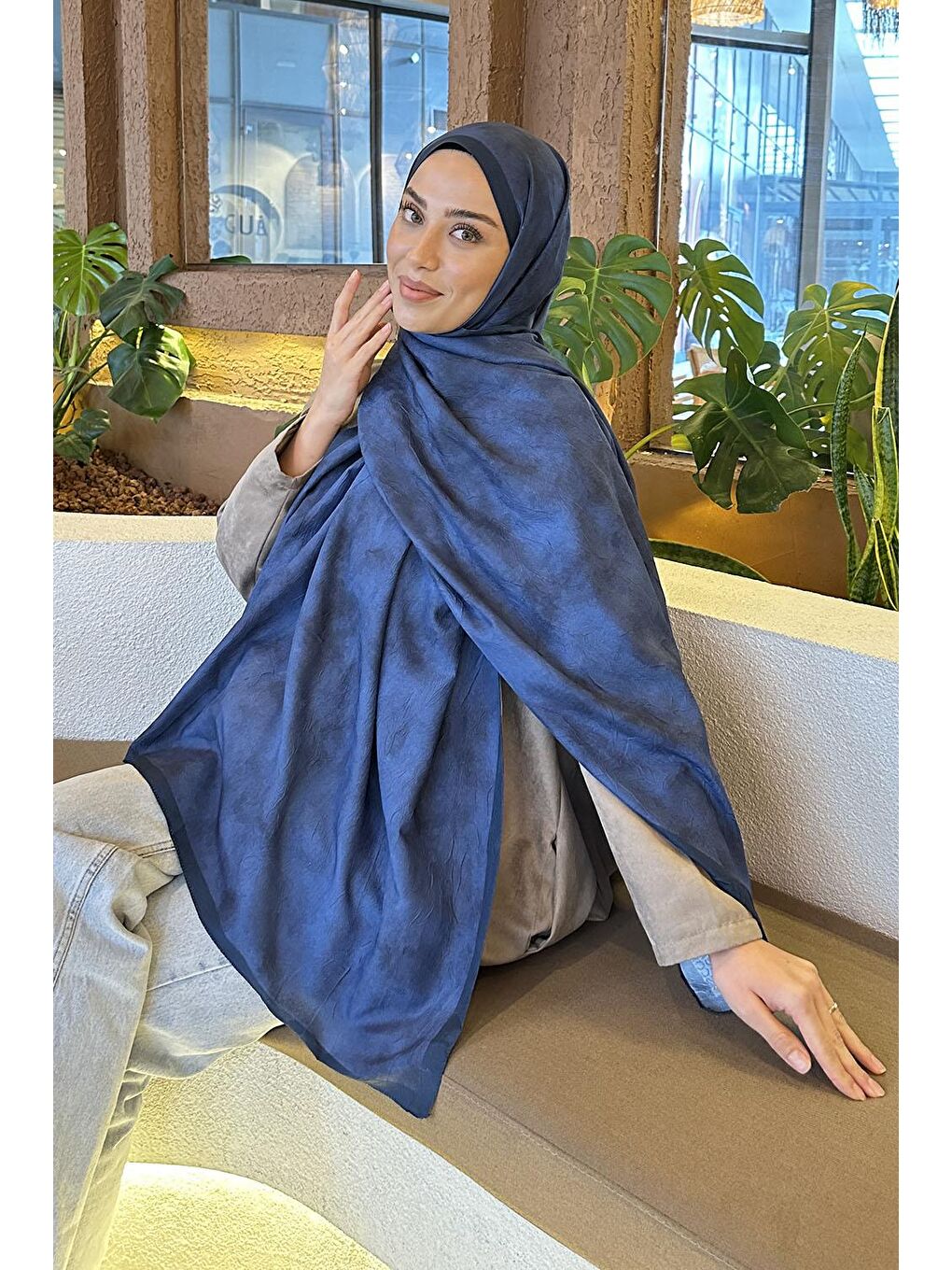 Bulut Desen Bambu Şal Gece Mavisi-1