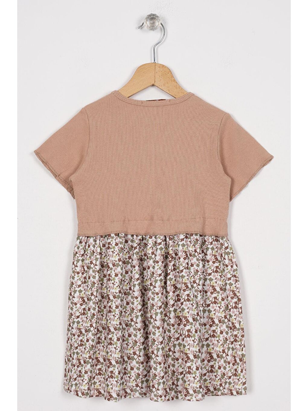 Önü Patlı Çiçek Desenli Bej Renk Kız Çocuk Elbise-2