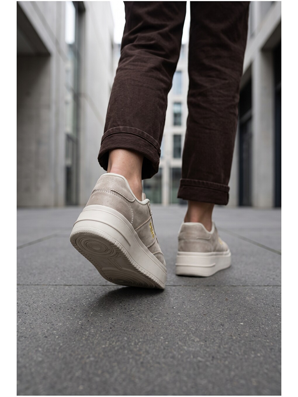 Ekru Kadın, Süet Doku, Kalın Taban, Bağcıklı, Günlük Sneaker Ayakkabı-3