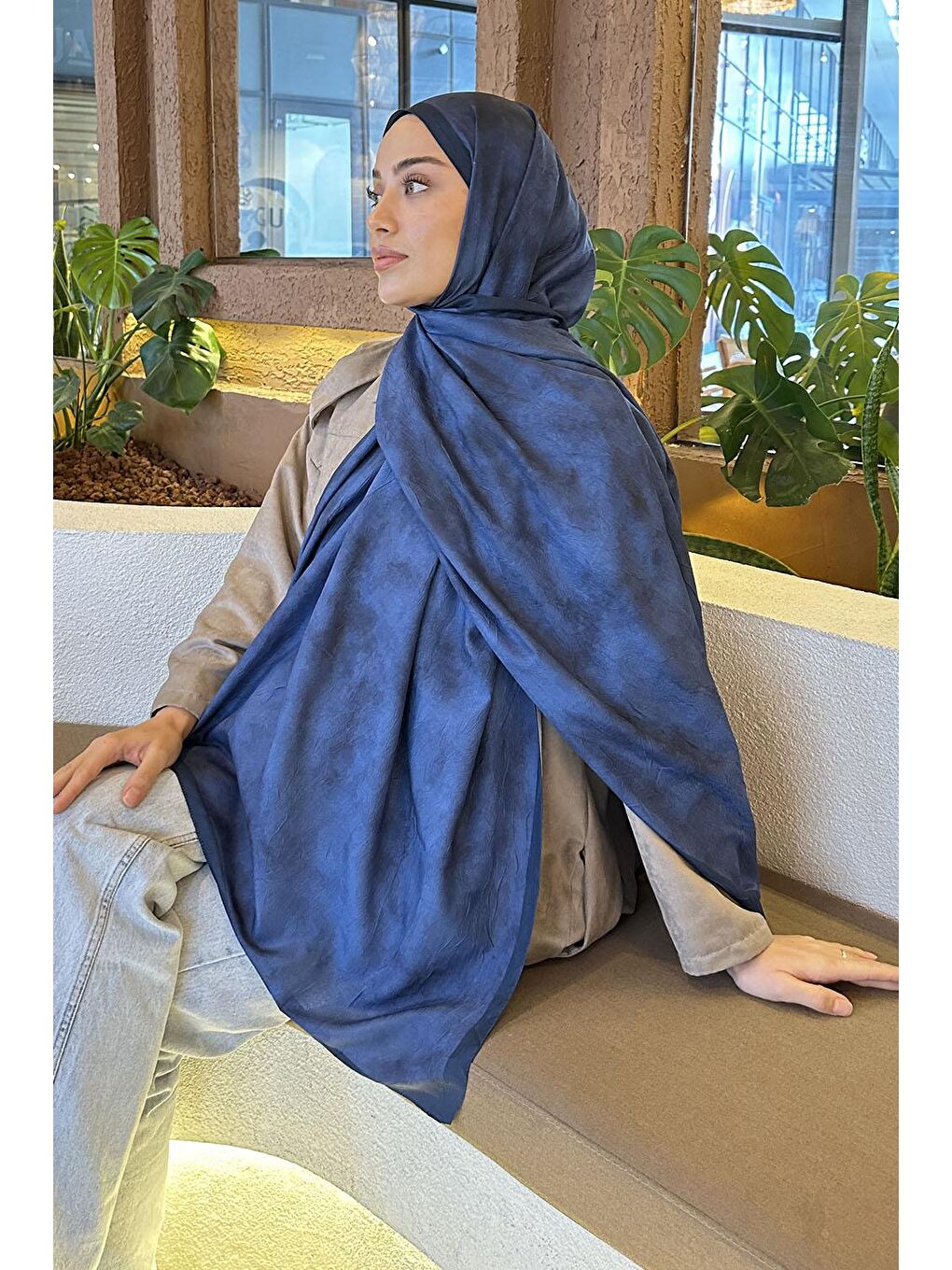 Bulut Desen Bambu Şal Gece Mavisi-2