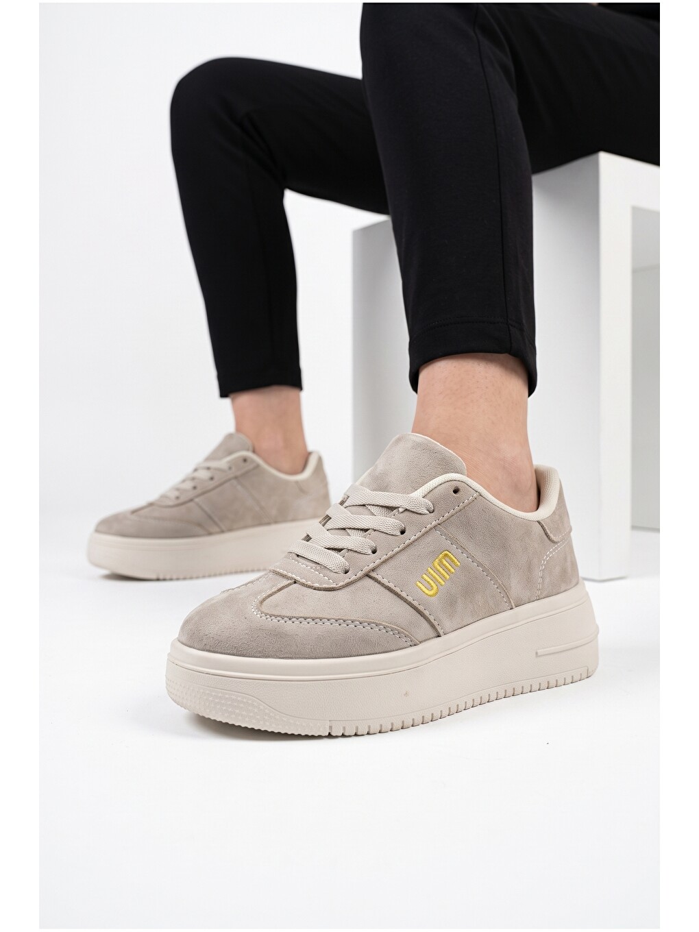 Ekru Kadın, Süet Doku, Kalın Taban, Bağcıklı, Günlük Sneaker Ayakkabı-4