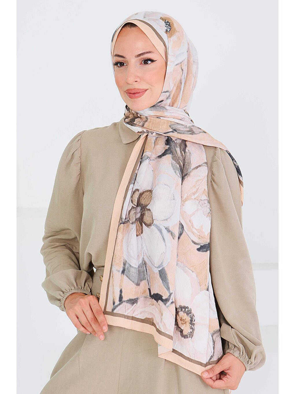 Pembe Desenli Bambu Kare Şal Somon - 27523-3