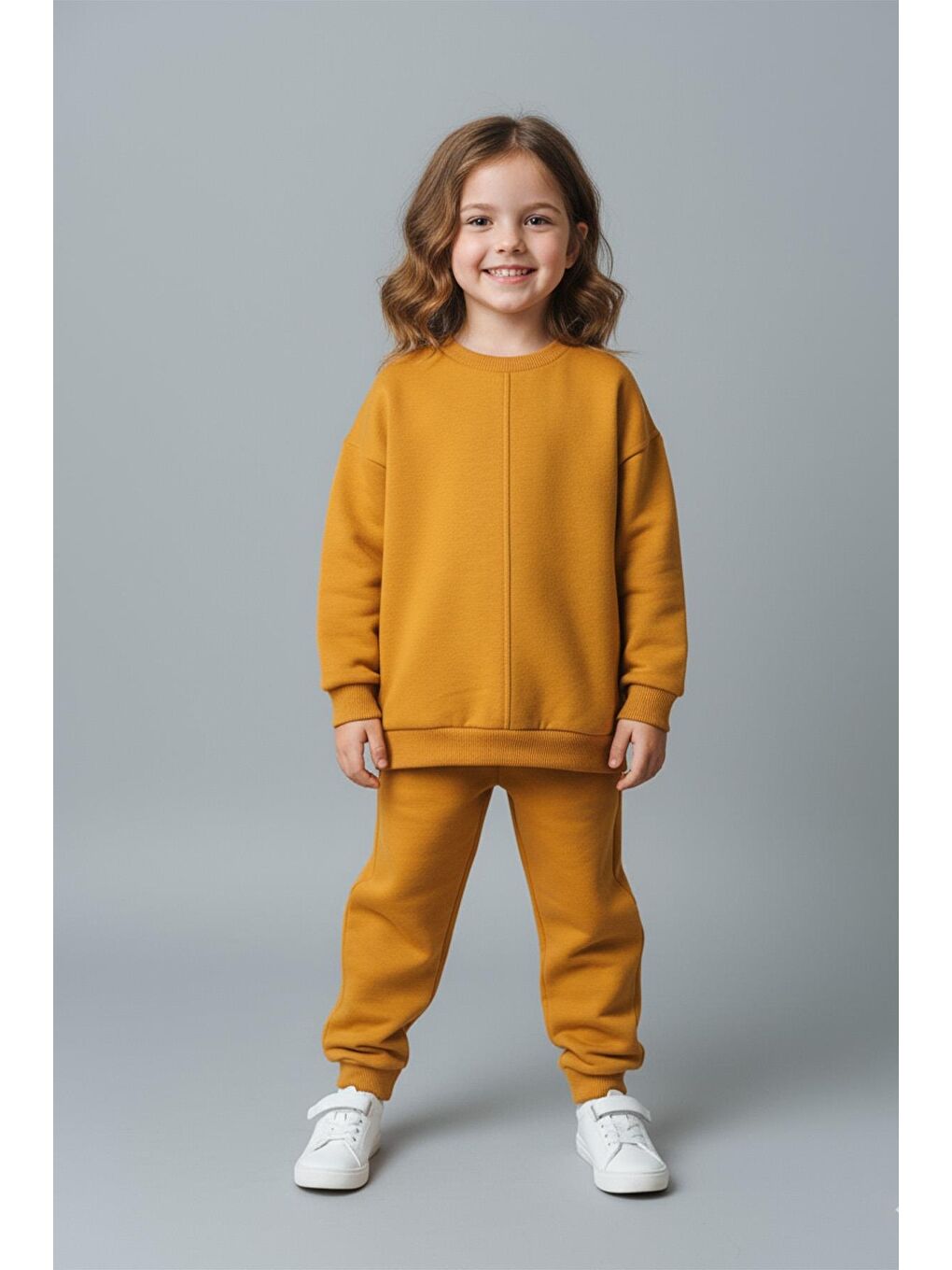 Sarı Unisex Çocuk Dikiş Detaylı 3 İplik Hardal Alt Üst Takım-1