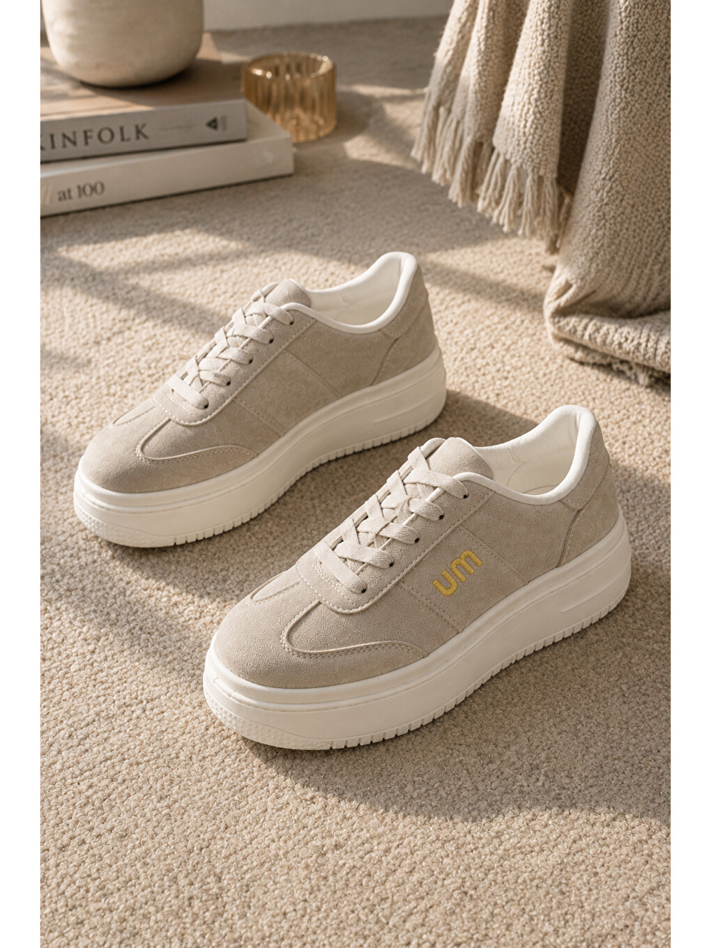Ekru Kadın, Süet Doku, Kalın Taban, Bağcıklı, Günlük Sneaker Ayakkabı-5