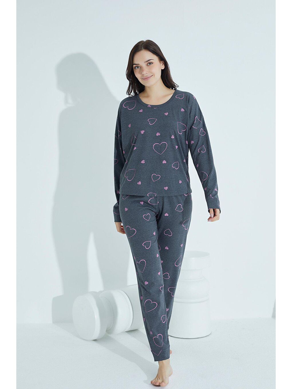 Antrasit Kadın Desenli Pijama Takımı Bisiklet Yaka  957