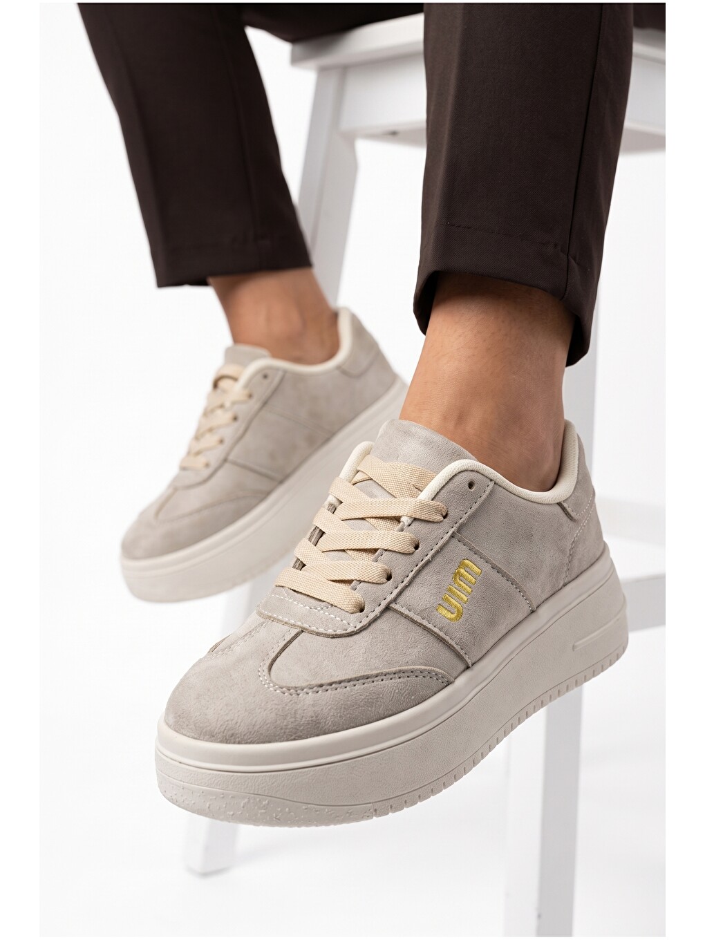 Ekru Kadın, Süet Doku, Kalın Taban, Bağcıklı, Günlük Sneaker Ayakkabı-6