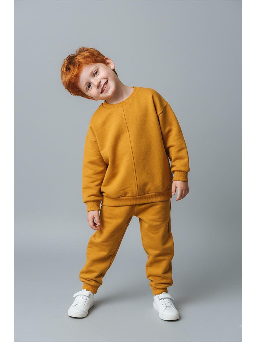 Sarı Unisex Çocuk Dikiş Detaylı 3 İplik Hardal Alt Üst Takım-2