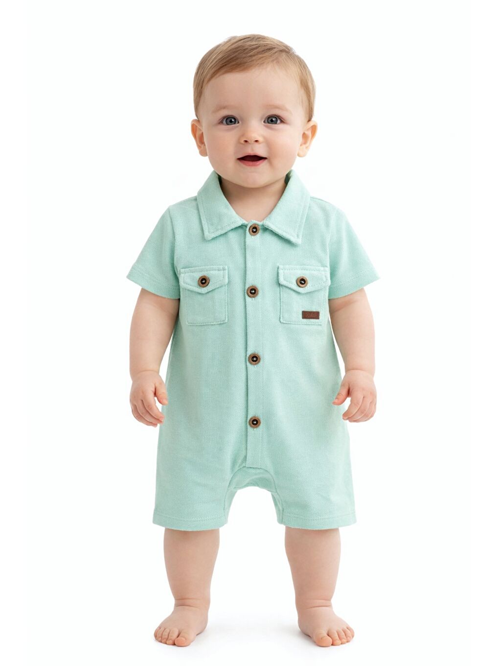 Yeşil Erkek Bebek Düğmeli Yakalı Tulum %100 Pamuk Bebek Tulum