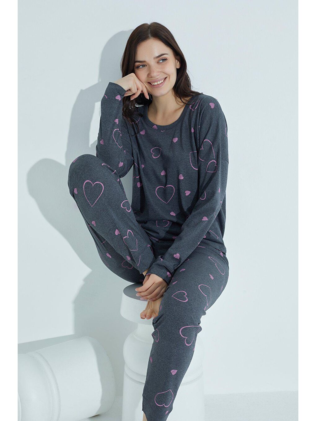 Antrasit Kadın Desenli Pijama Takımı Bisiklet Yaka  957-1