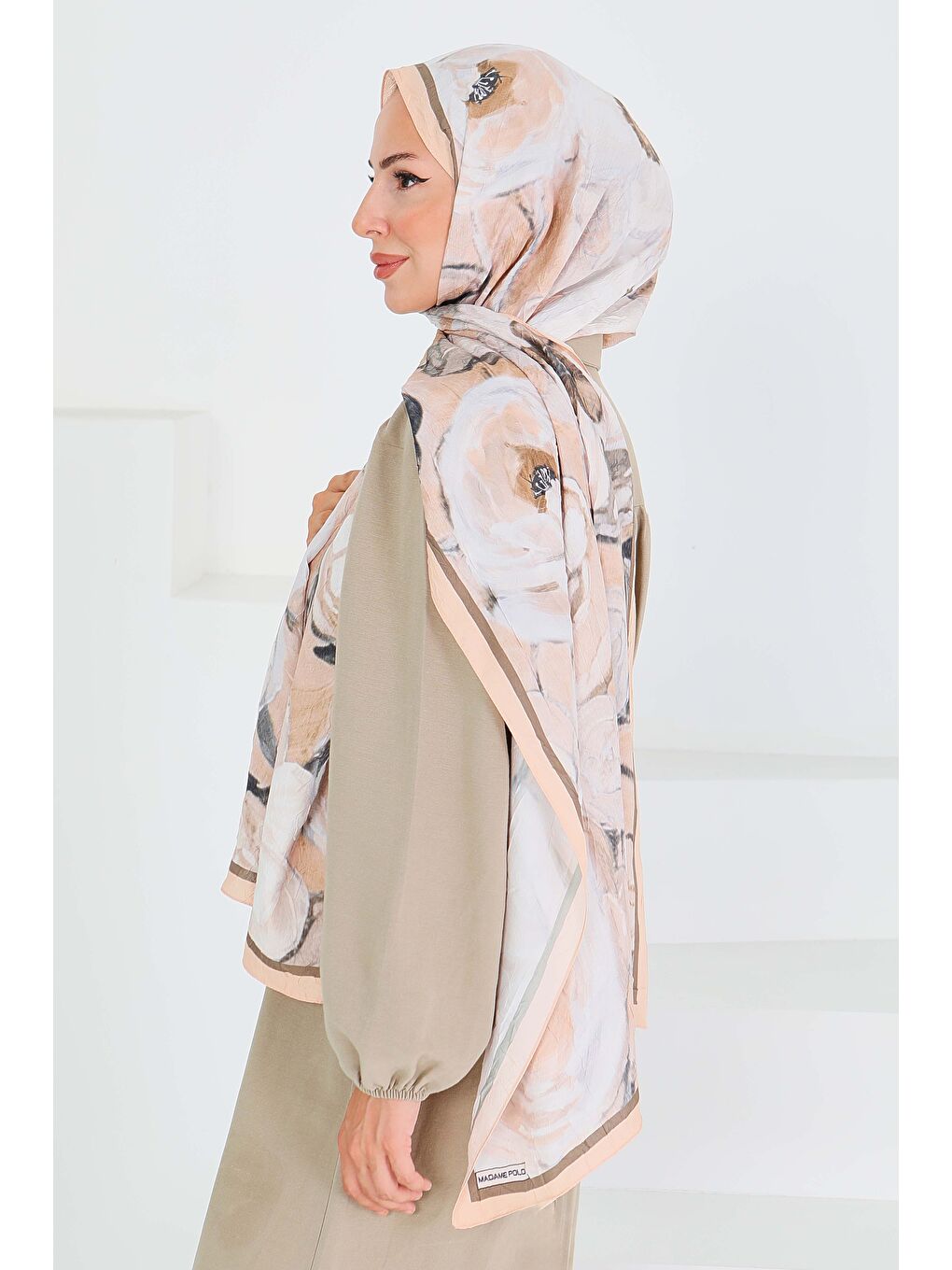 Pembe Desenli Bambu Kare Şal Somon - 27523-4