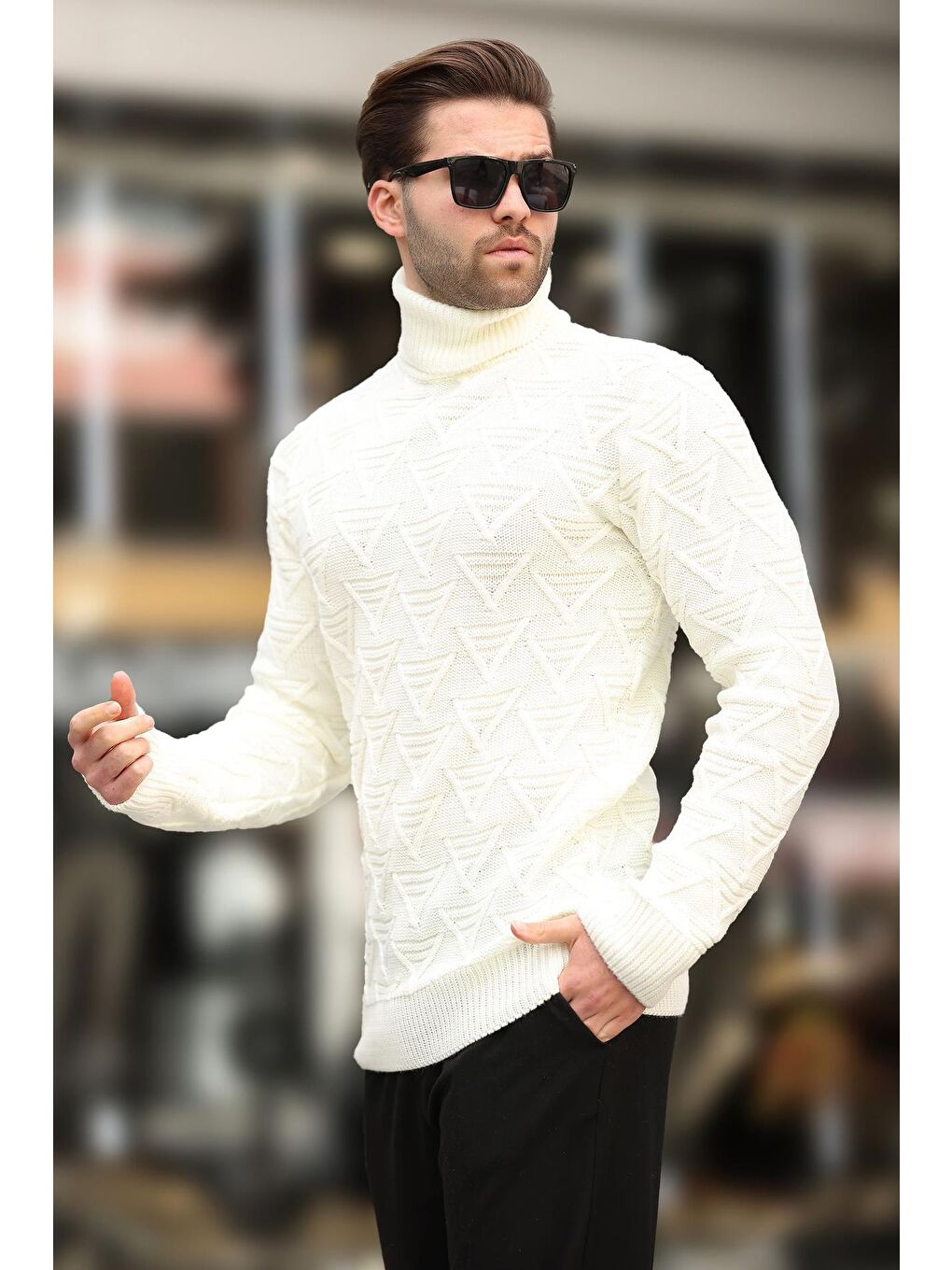 Ekru Balıkçı Yaka Desenli Erkek Kazak E7292-5