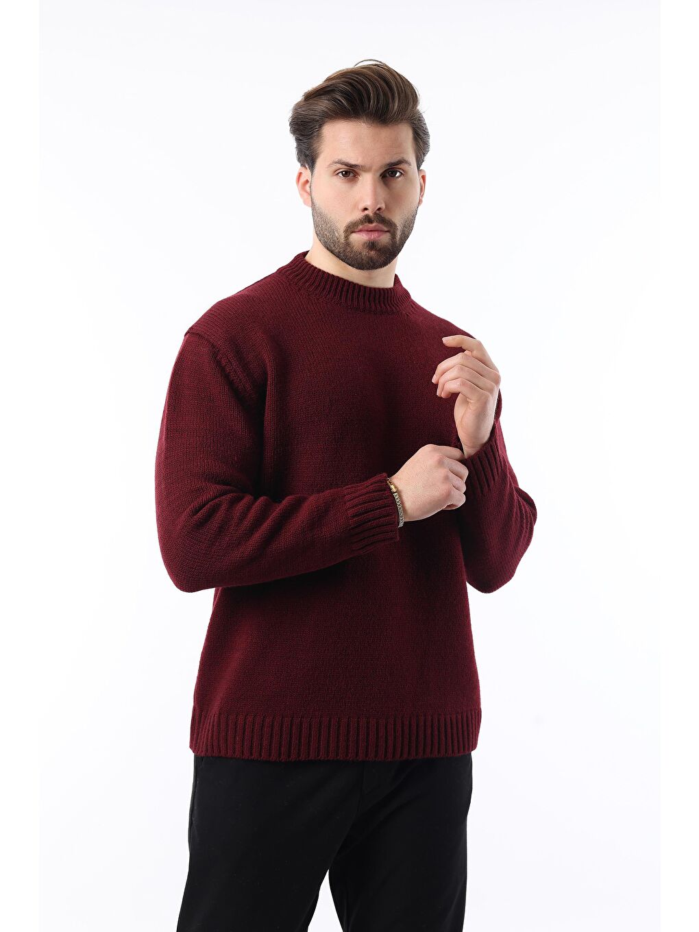 Bordo Bisiklet Yaka Overfit Erkek Triko Kazak E7402-1